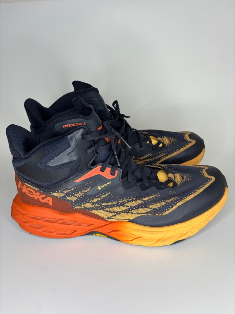 Hoka Speedgoat 5 GTX Trail Shoes - Black, Orange & Yellow men size 48 use 13
